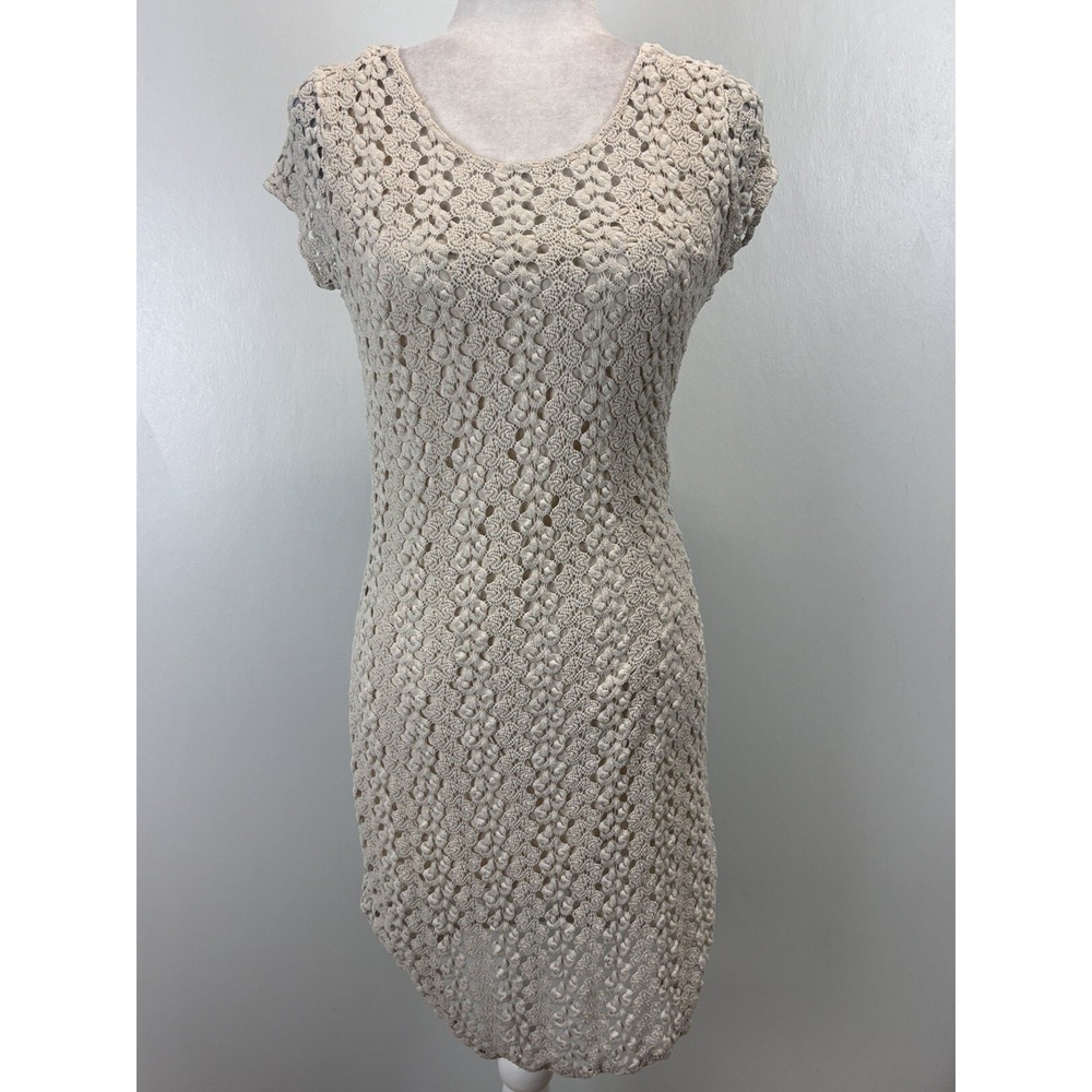 Free People Gypsy Crochet Dress Medium Mini Tan Cap Sleeve Boho Lined Womens